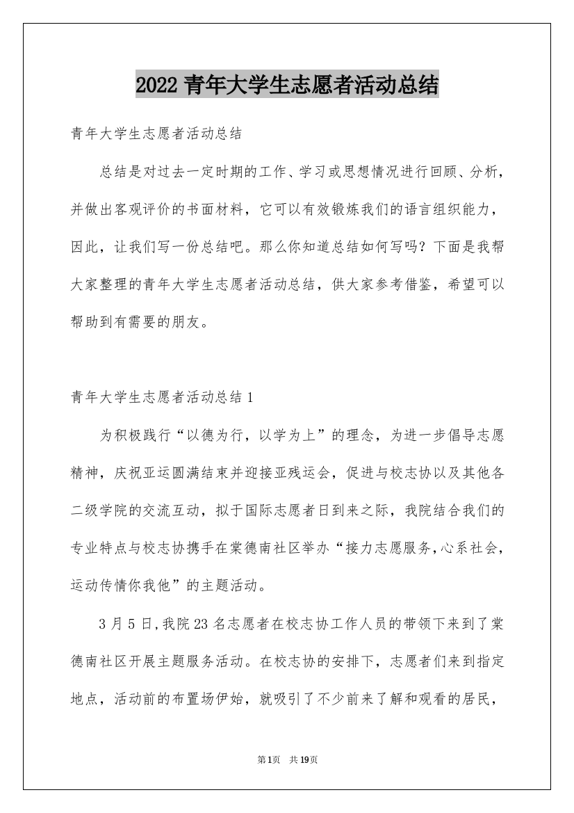 2022青年大学生志愿者活动总结