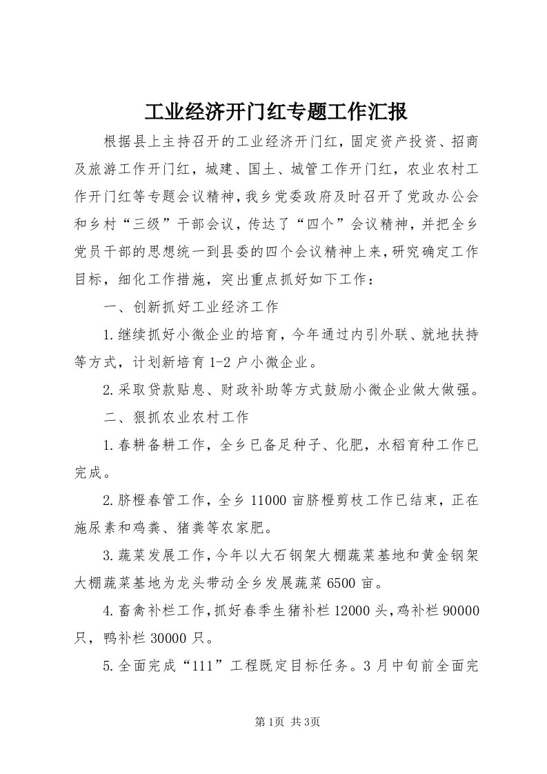 工业经济开门红专题工作汇报