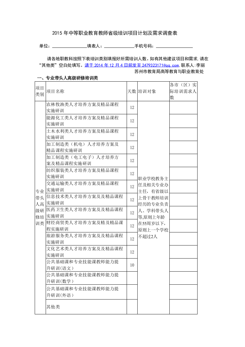 2015年中等职业教育教师省级和国家级培训项目计划及需求调查表