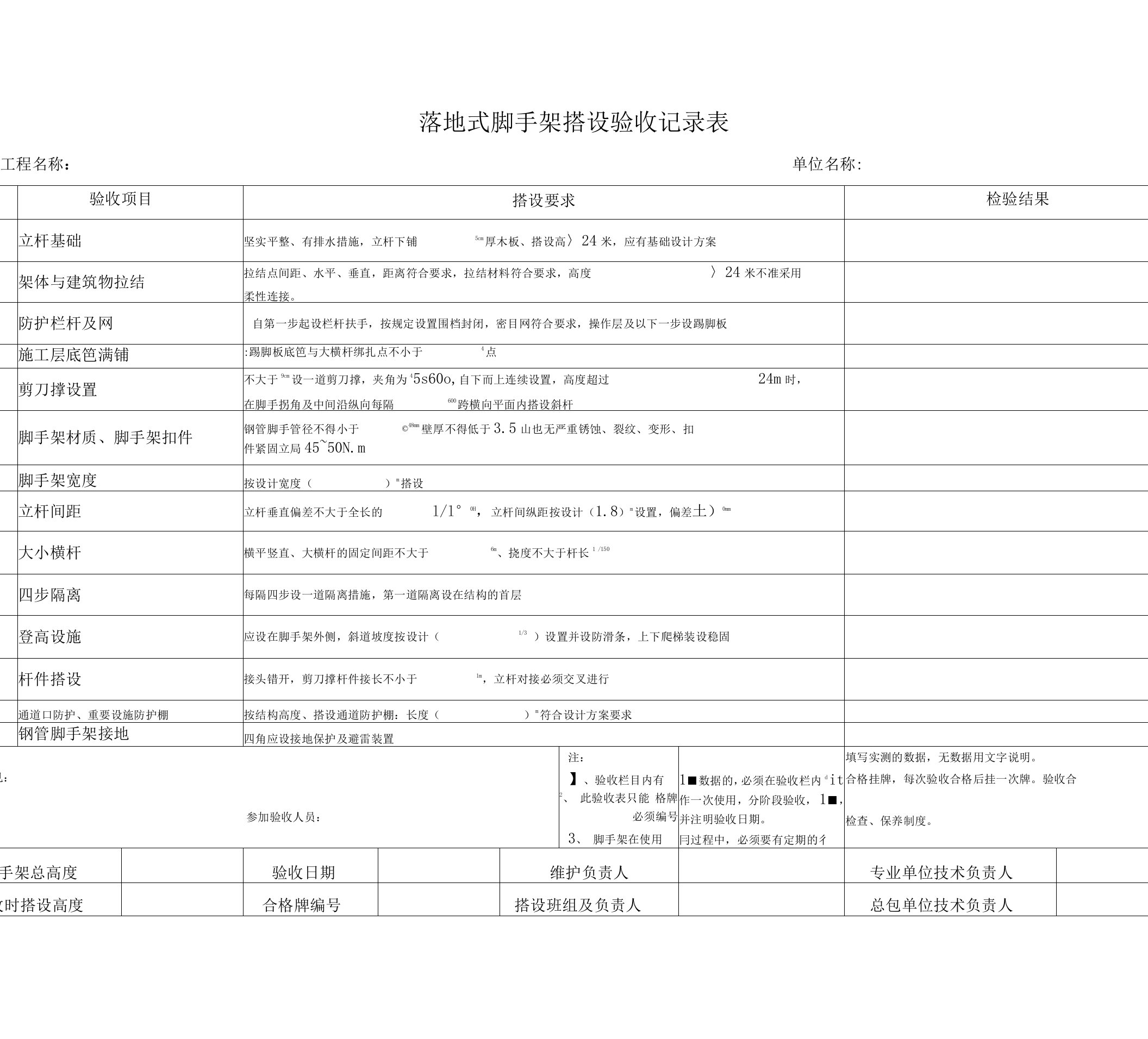 脚手架验收记录表格模板