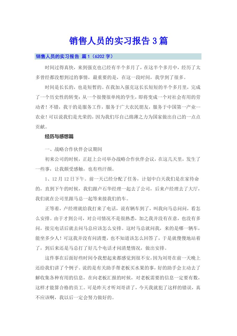 销售人员的实习报告3篇