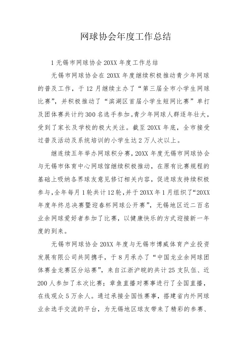 网球协会年度工作总结