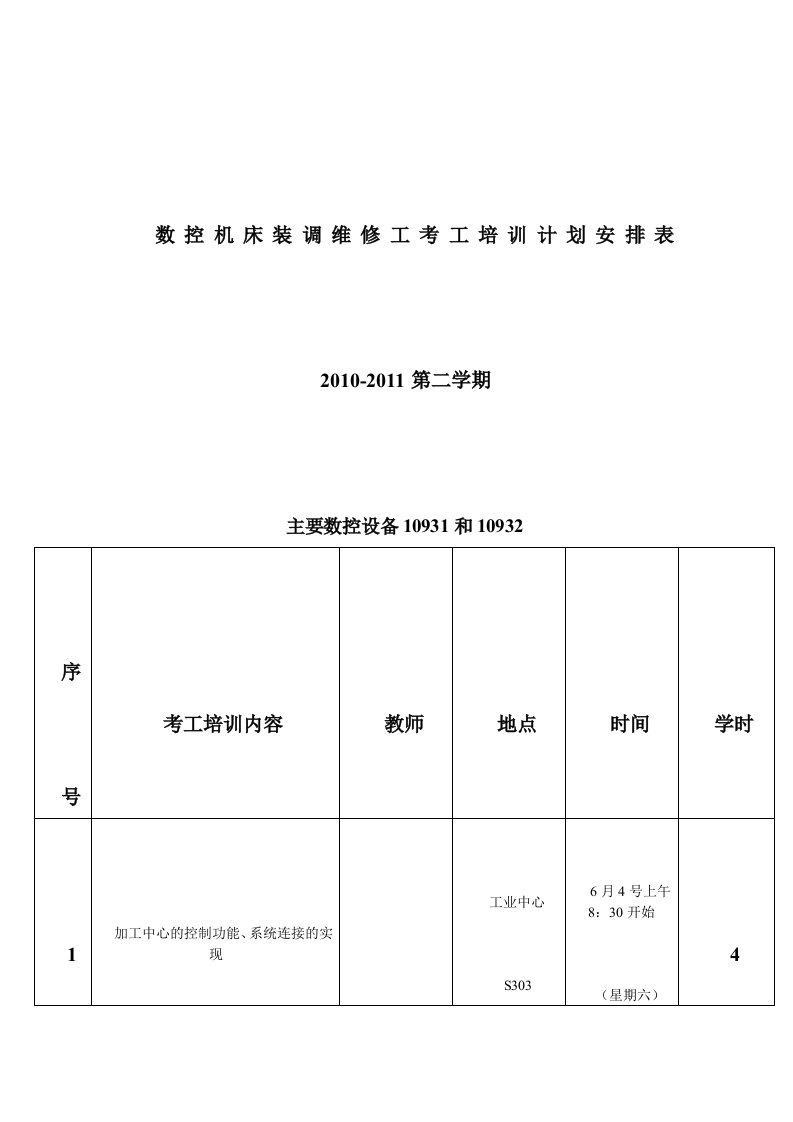 数控机床装调维修工考工培训计划