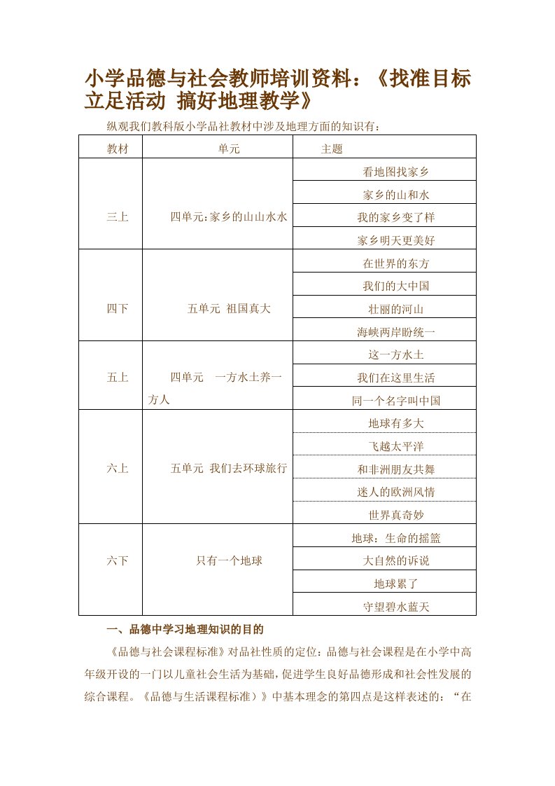 目标管理-小学品德与社会教师培训资料：找准目标立足活动搞好地理教学