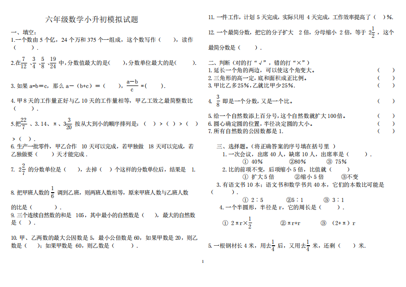 苏教版小学数学总复习试卷附答案