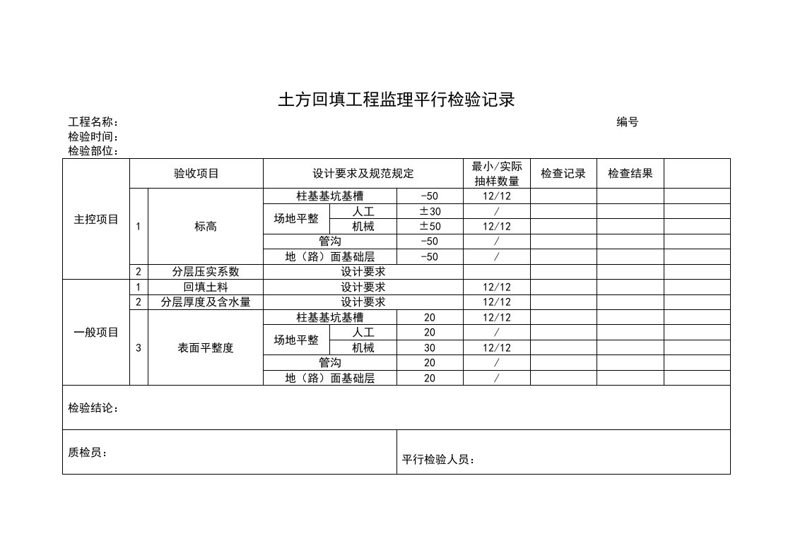 土方回填工程监理平行检验记录