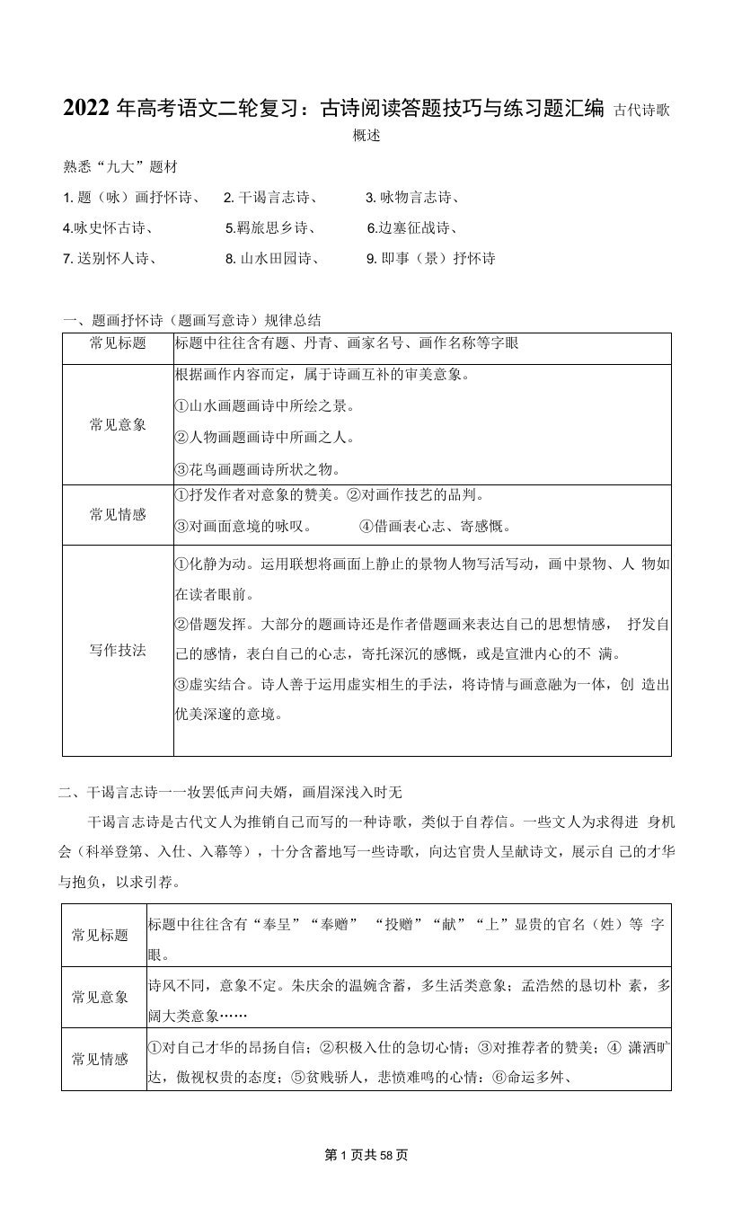 2022年高考语文二轮复习：古诗阅读