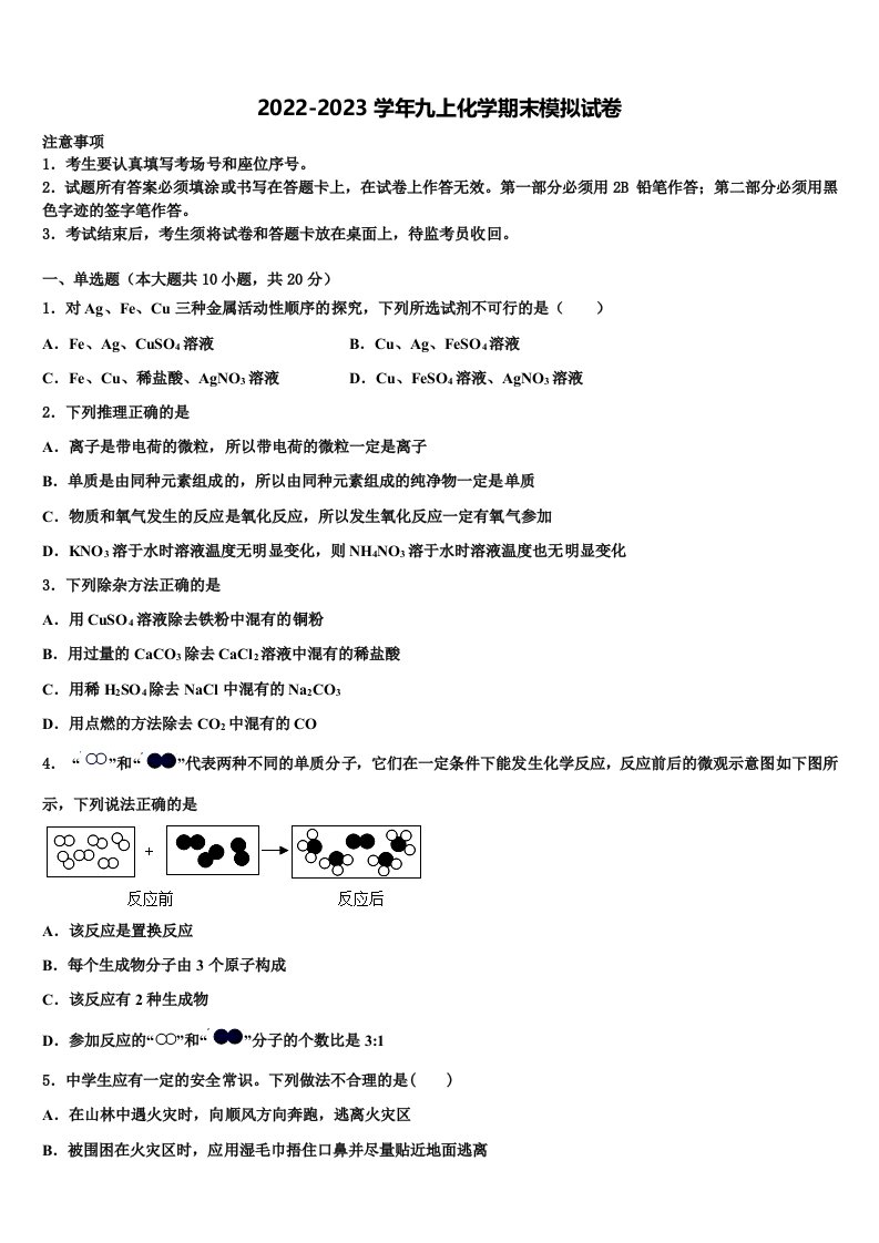 2022-2023学年云南省巧家县九年级化学第一学期期末考试模拟试题含解析