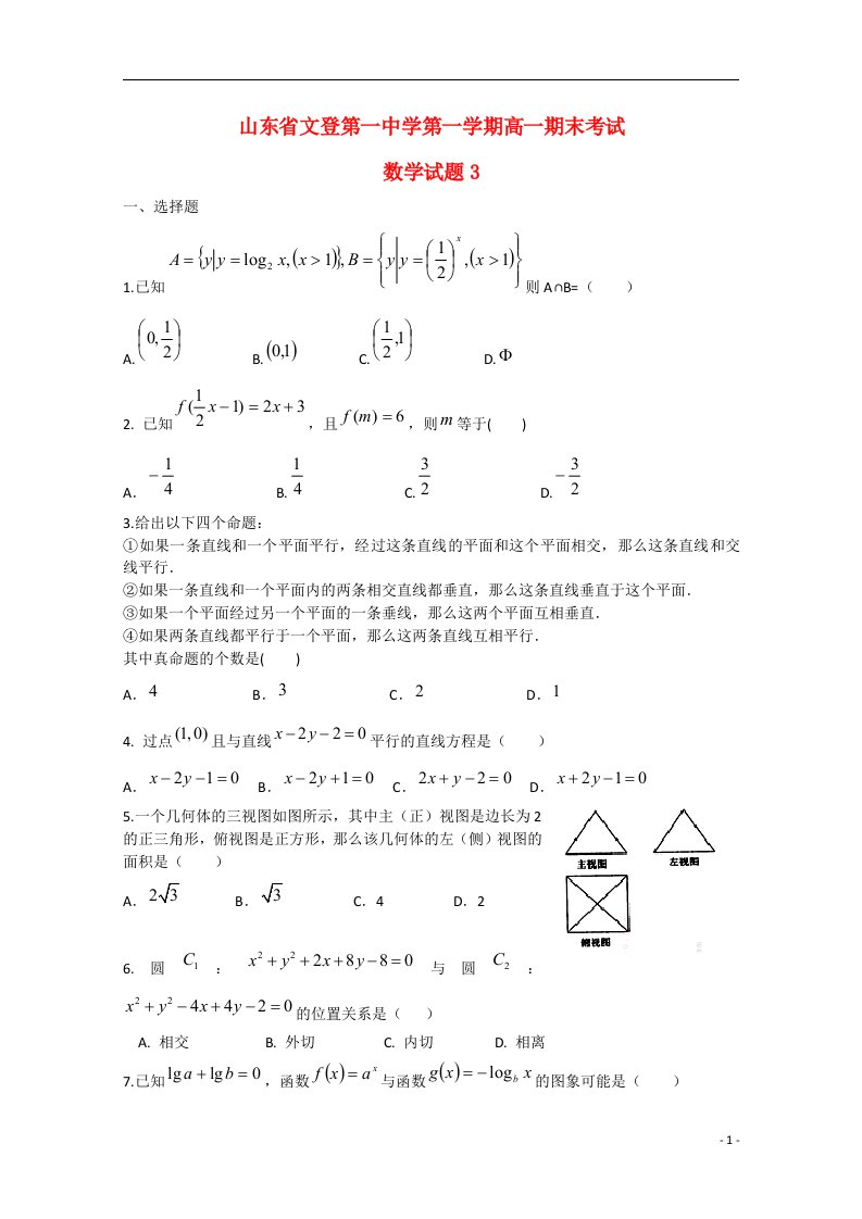 山东省威海市文登第一中学高一数学上学期期末模拟试题1