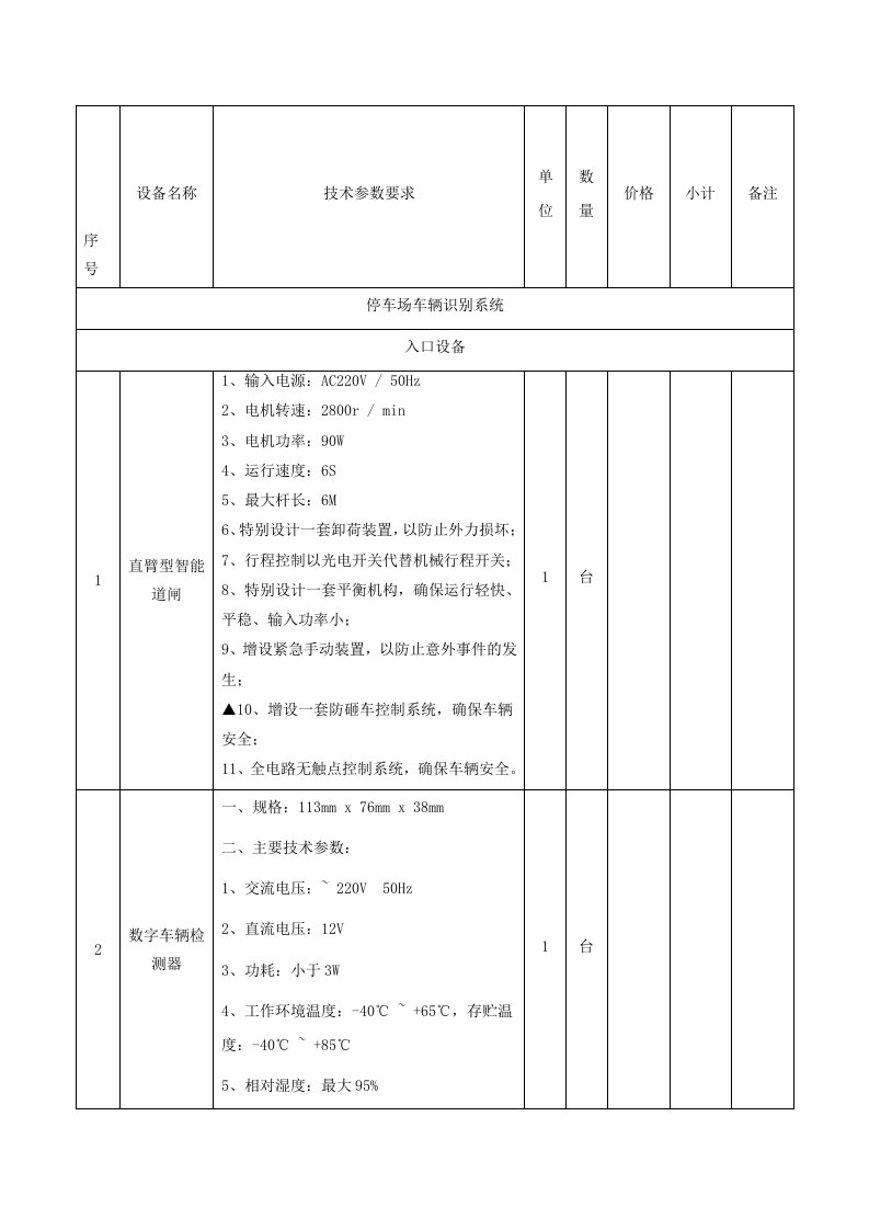 车牌识别无人值守停车场收费管理系统清单