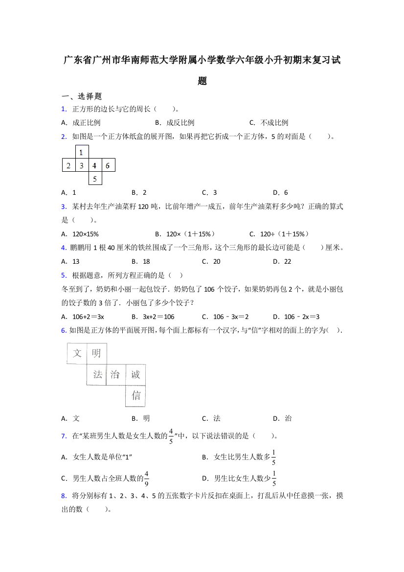 广东省广州市华南师范大学附属小学数学六年级小升初期末复习试题