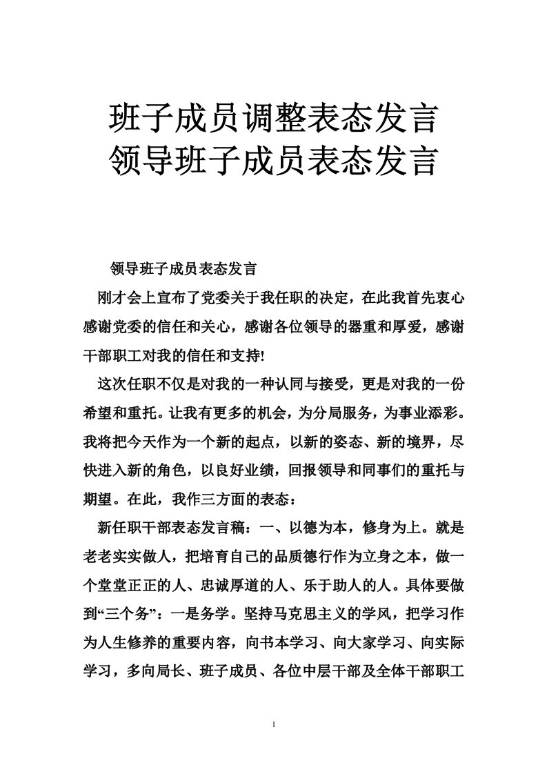 班子成员调整表态发言