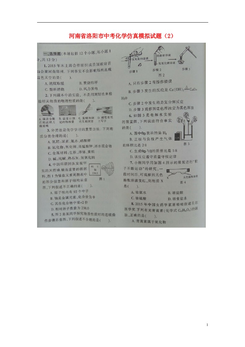 河南省洛阳市中考化学仿真模拟试题（2）（扫描版）