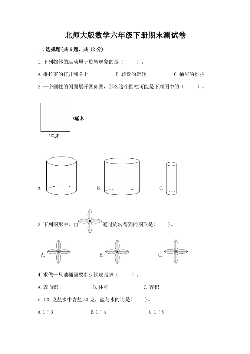 北师大版数学六年级下册期末测试卷精品加答案