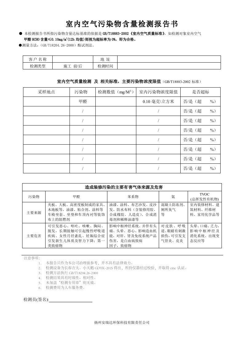 室内空气甲醛含量检测报告书-扬州除甲醛