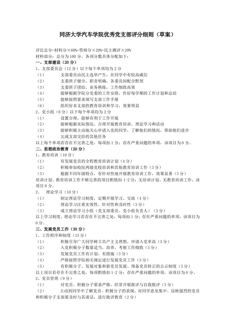 同济大学汽车学院优秀党支部评分细则（草案）