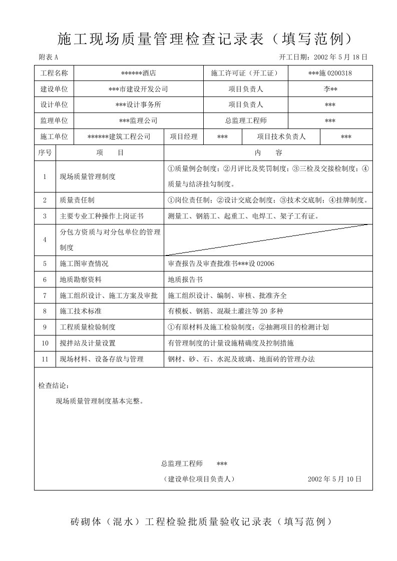 建筑工程施工现场质量管理检查记录表(填写范例)