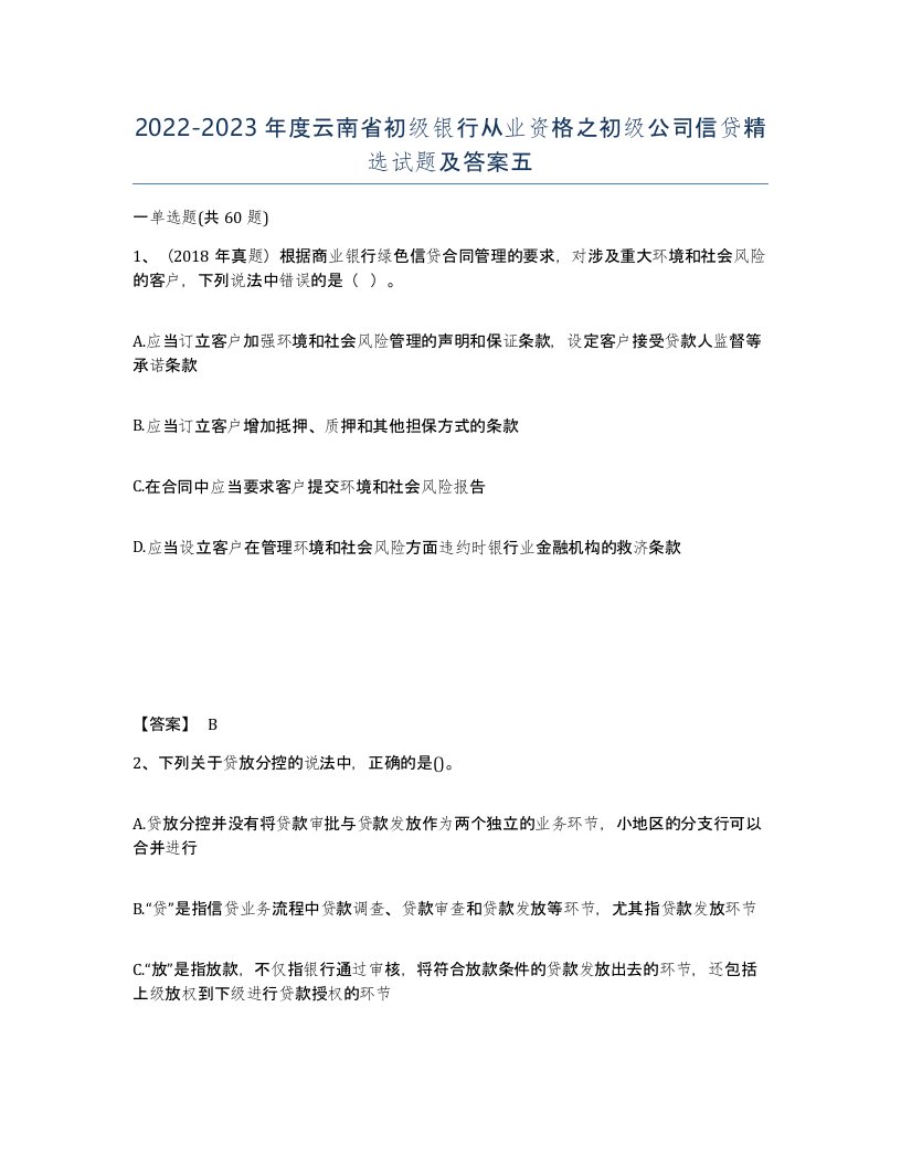 2022-2023年度云南省初级银行从业资格之初级公司信贷试题及答案五