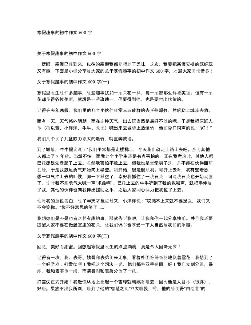 寒假趣事的初中作文600字