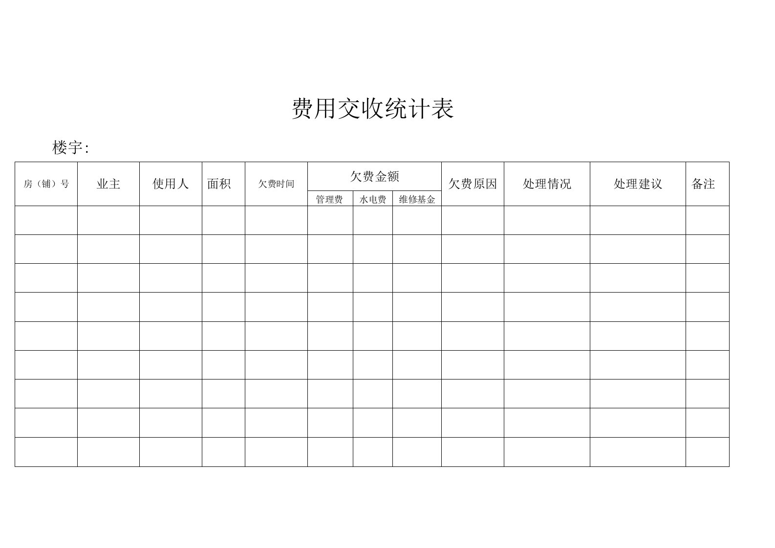 步行街物业欠费统计表