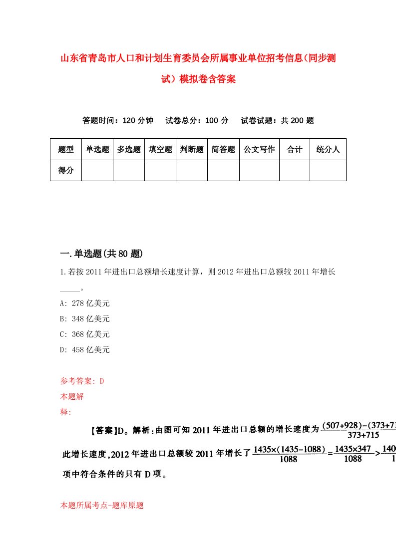 山东省青岛市人口和计划生育委员会所属事业单位招考信息同步测试模拟卷含答案6