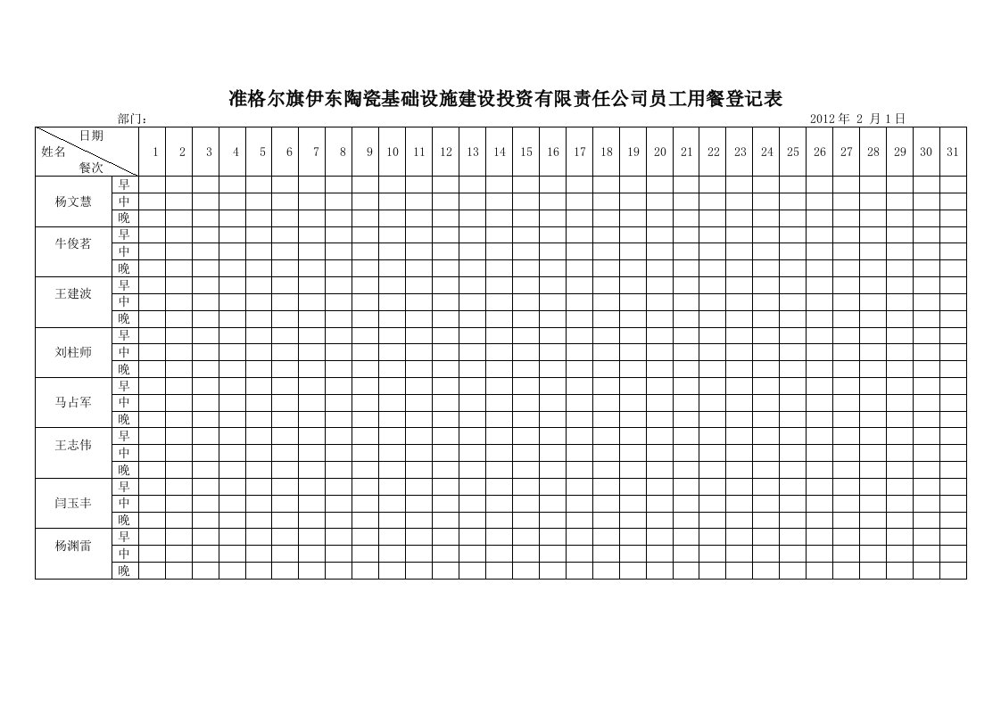 公司员工用餐登记表