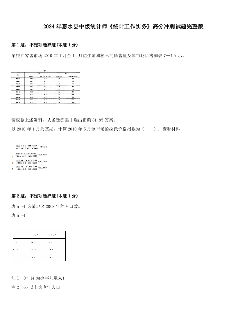 2024年惠水县中级统计师《统计工作实务》高分冲刺试题完整版