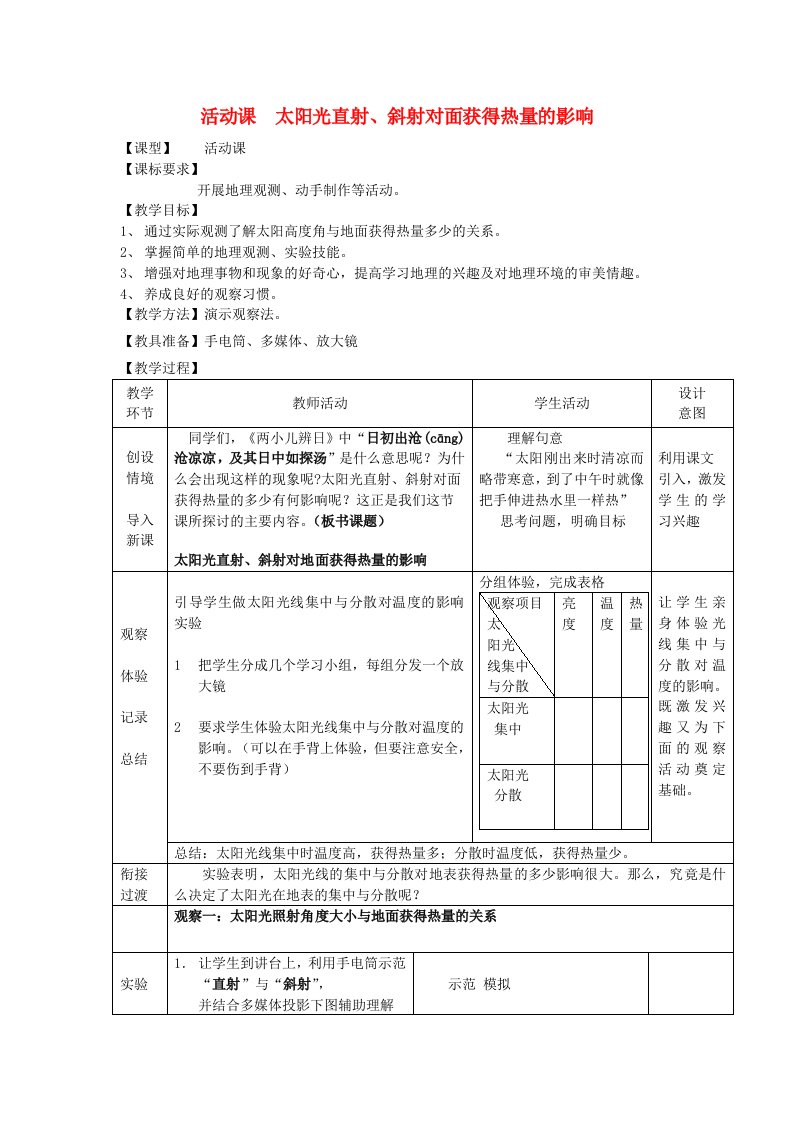 七年级地理上册活动课太阳光直射斜射对地面获得热量的影响教案商务星球版课件