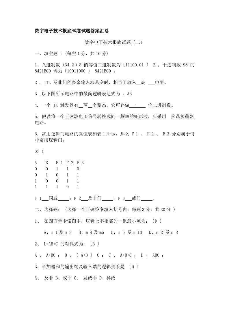 数字电子技术试题集及答案