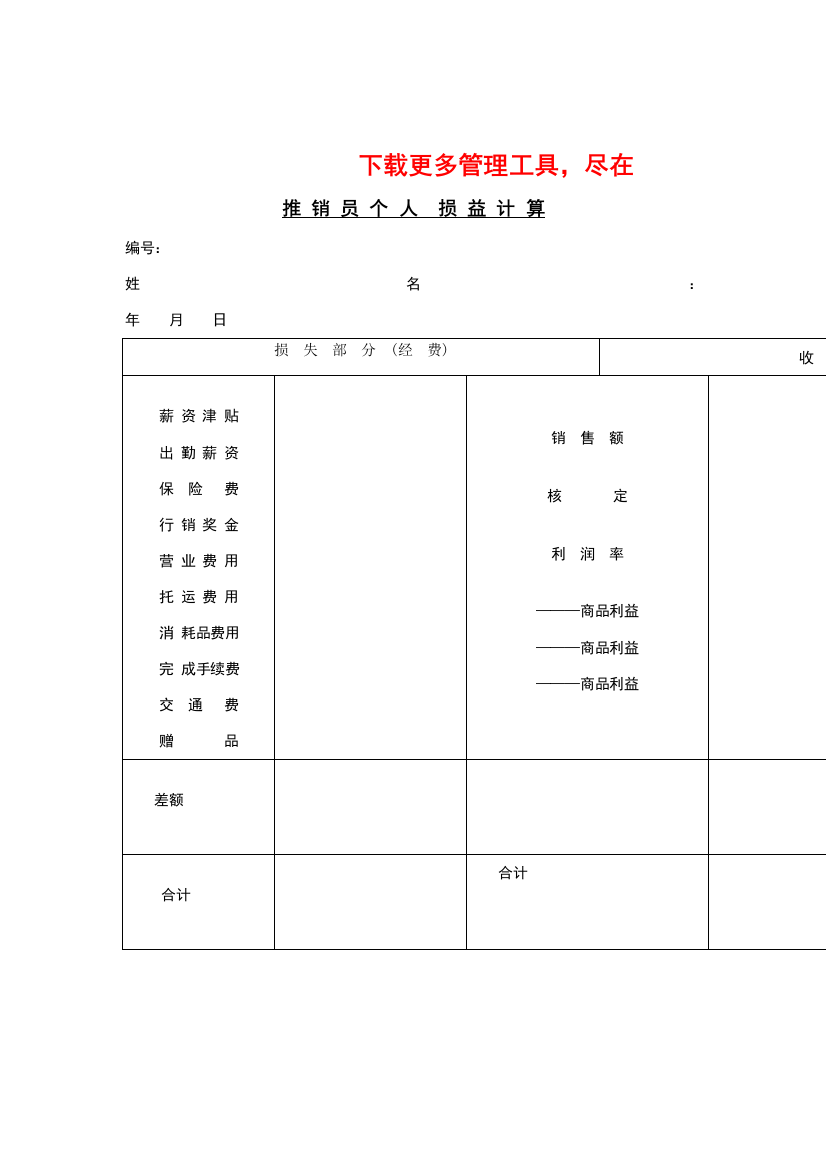 推销员个人损益计算表