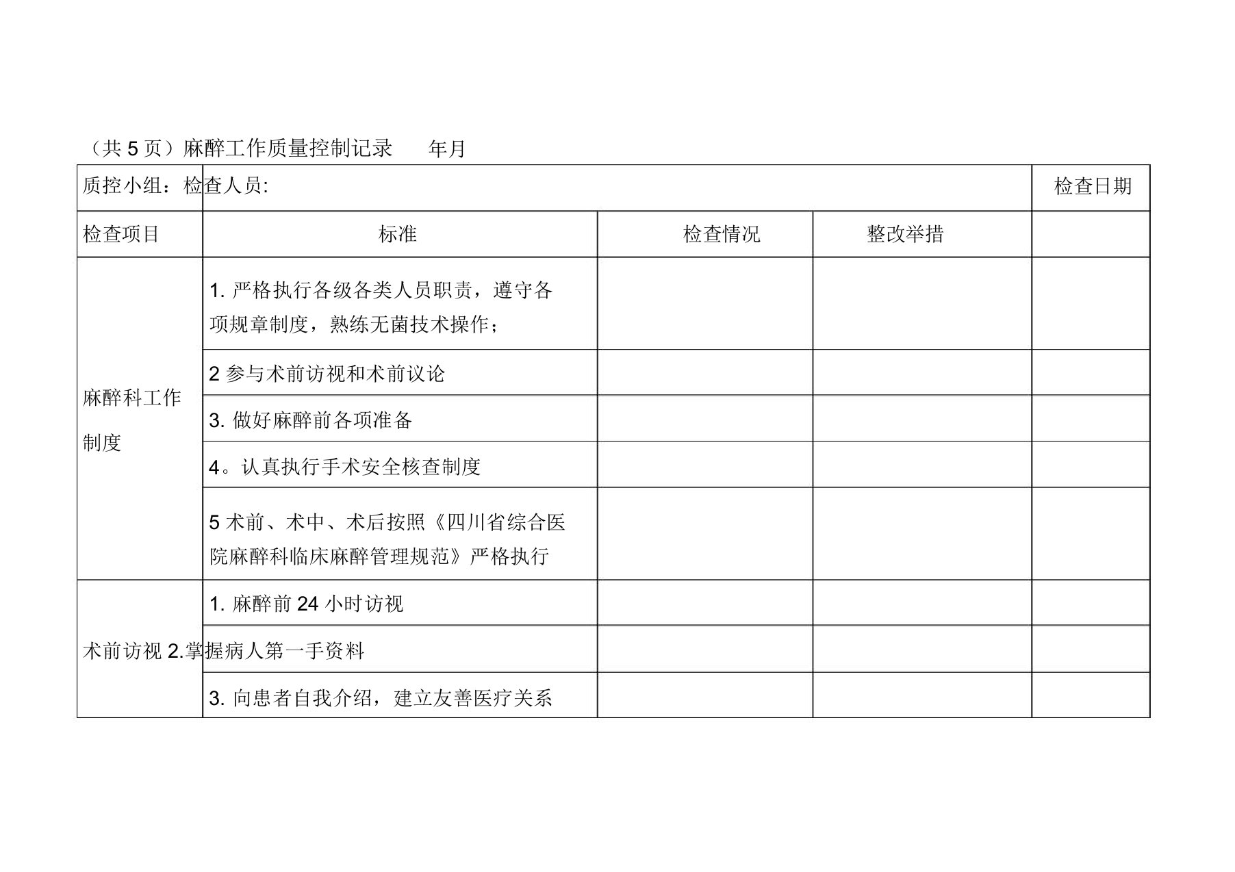 麻醉工作质量控制表