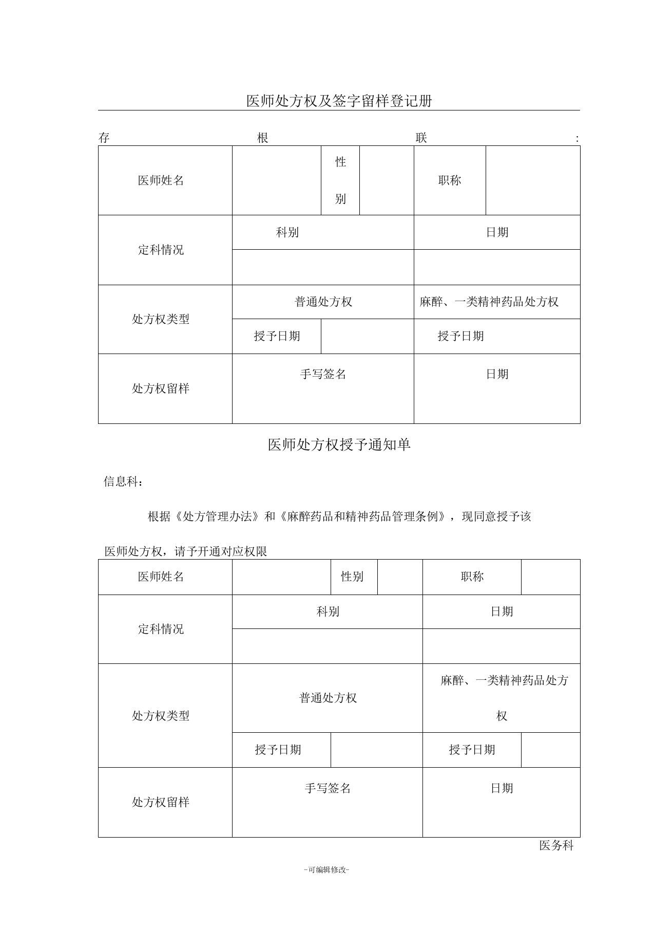 医师处方权及签字留样登记册