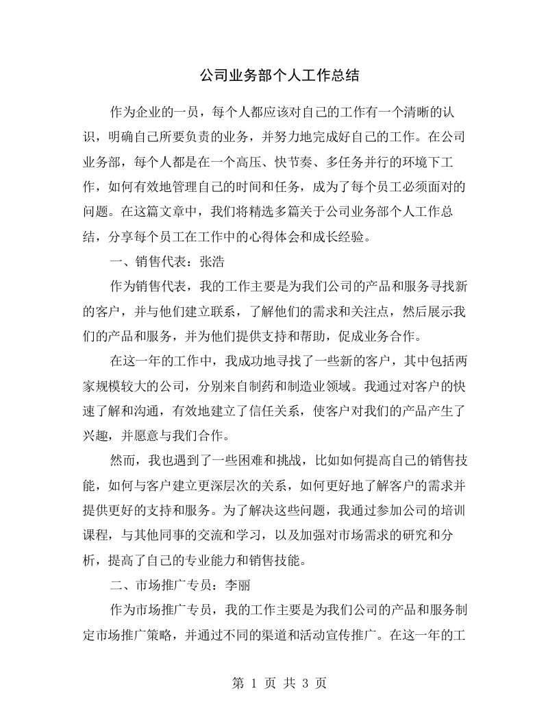 公司业务部个人工作总结