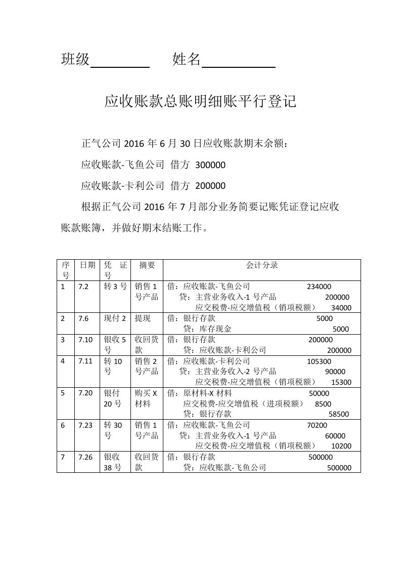 应收账款应付账款平行登记账簿