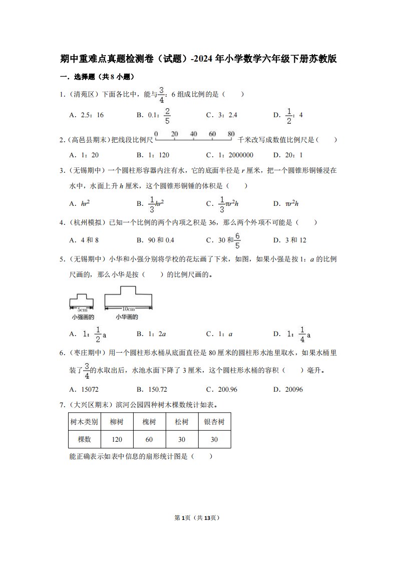 期中重难点真题检测卷（试题）-2024年小学数学六年级下册苏教版【含答案】