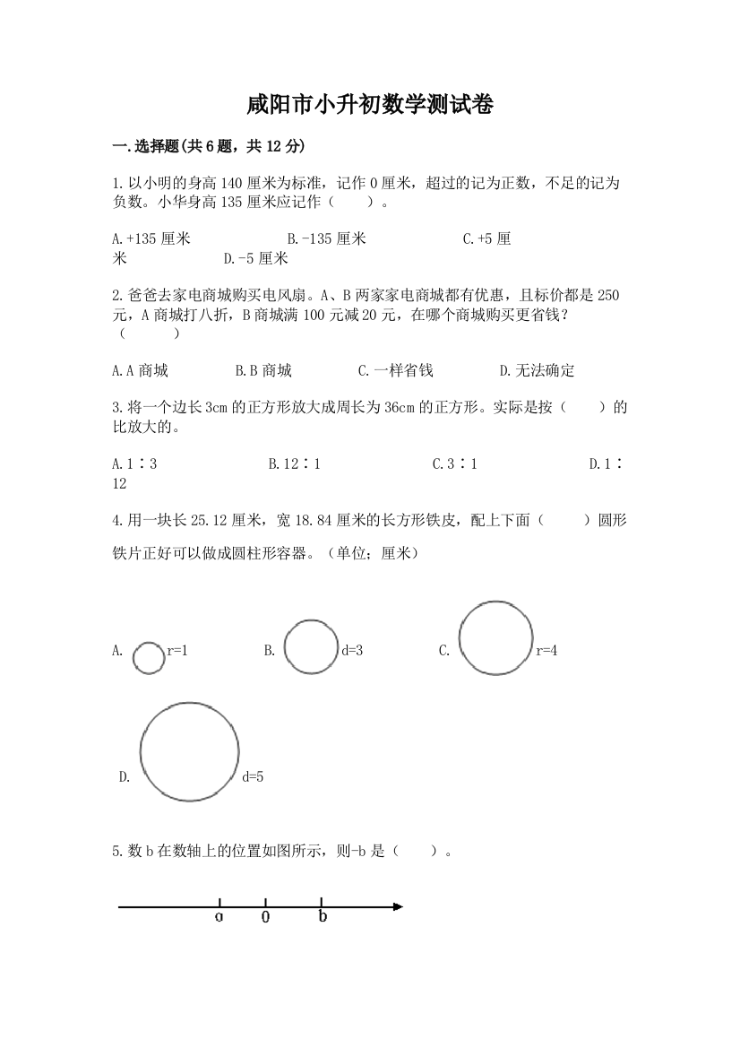 咸阳市小升初数学测试卷附精品答案