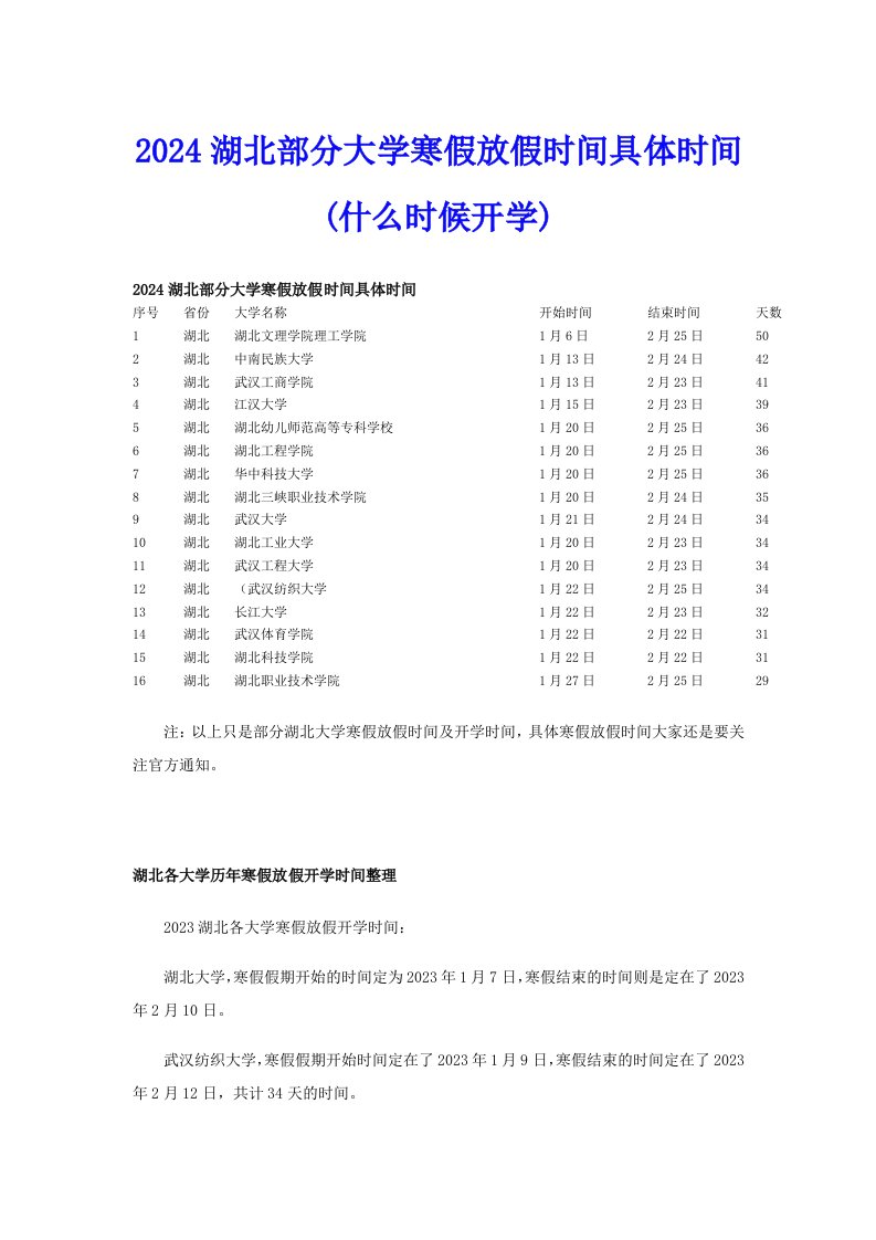 2024湖北部分大学寒假放假时间具体时间(什么时候开学)