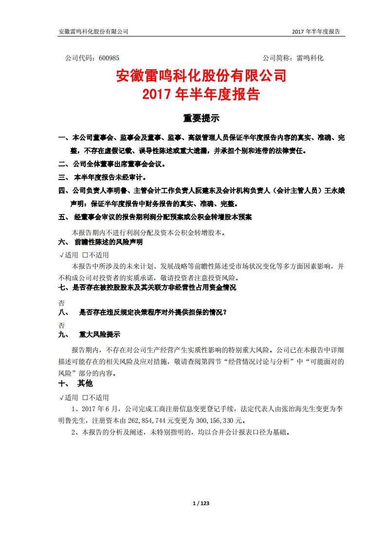 上交所-雷鸣科化2017年半年度报告-20170829