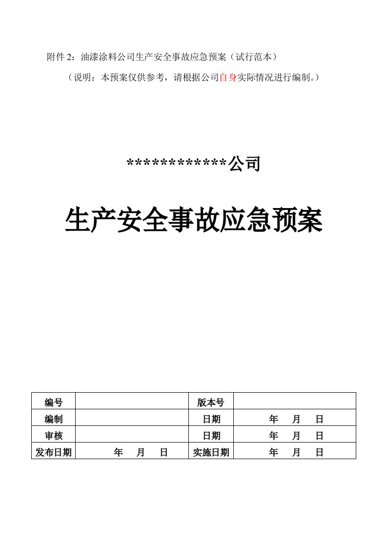 附件2：油漆涂料公司生产安全事故应急预案试行范本