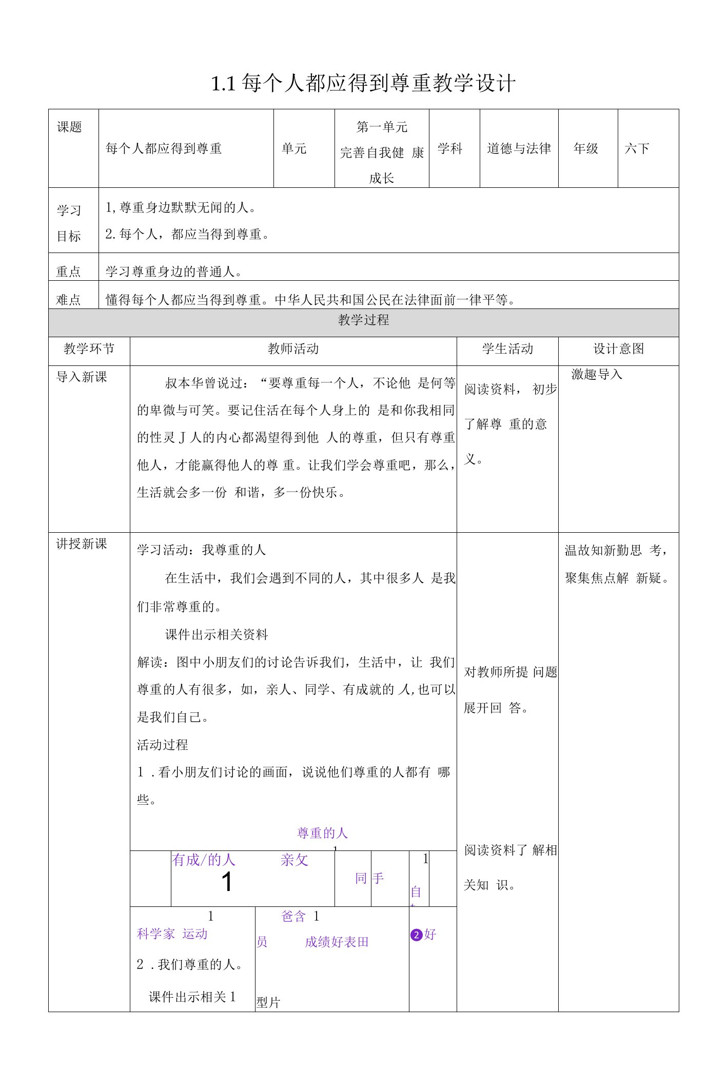 人教部编版六年级道德与法治下册第1课《学会尊重》教学设计