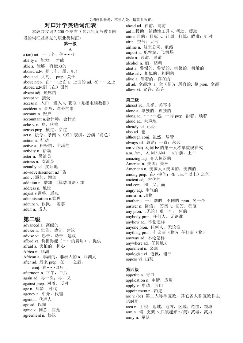 对口升学英语词汇表