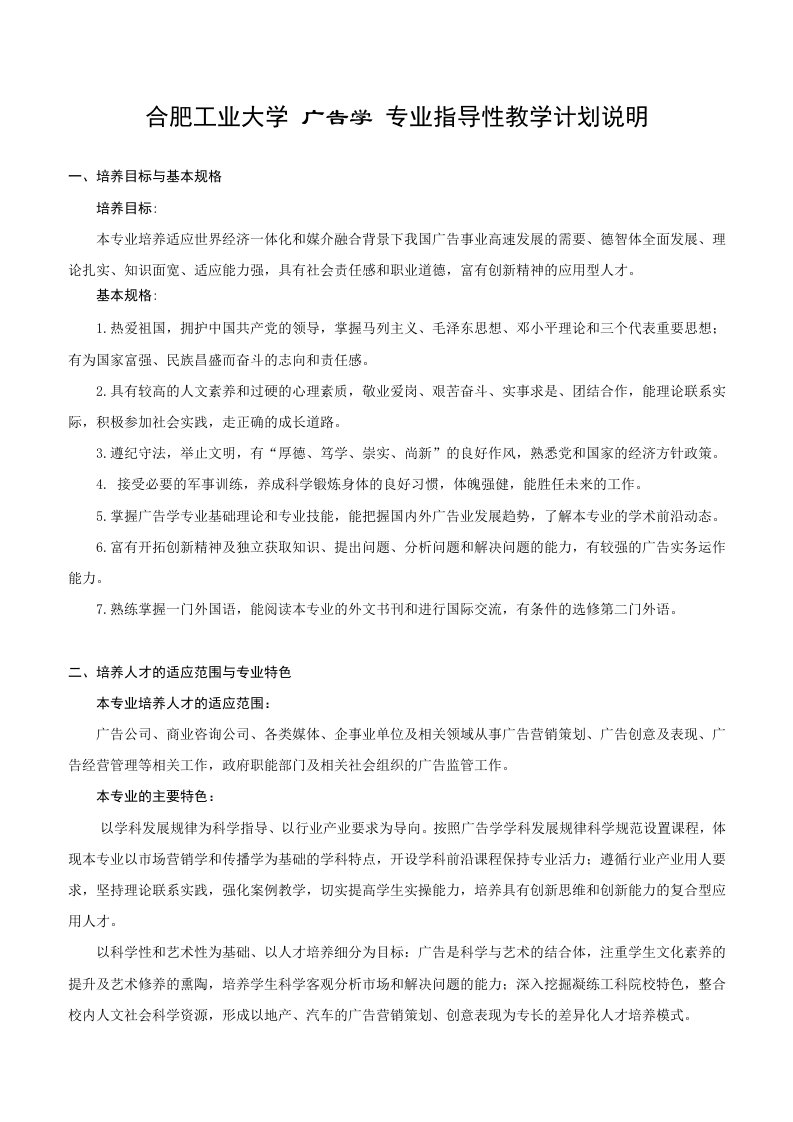 合肥工业大学广告学专业指导性教学计划说明