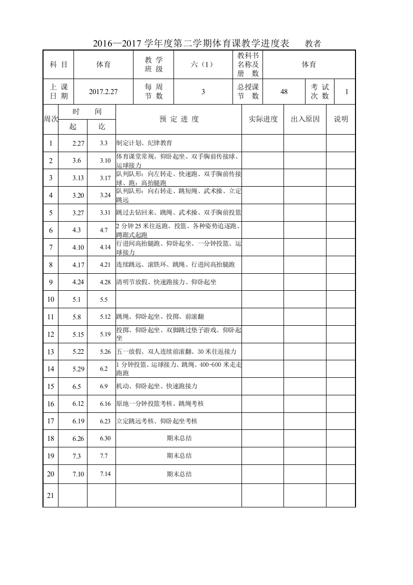 (完整版)六年级下体育教学设计