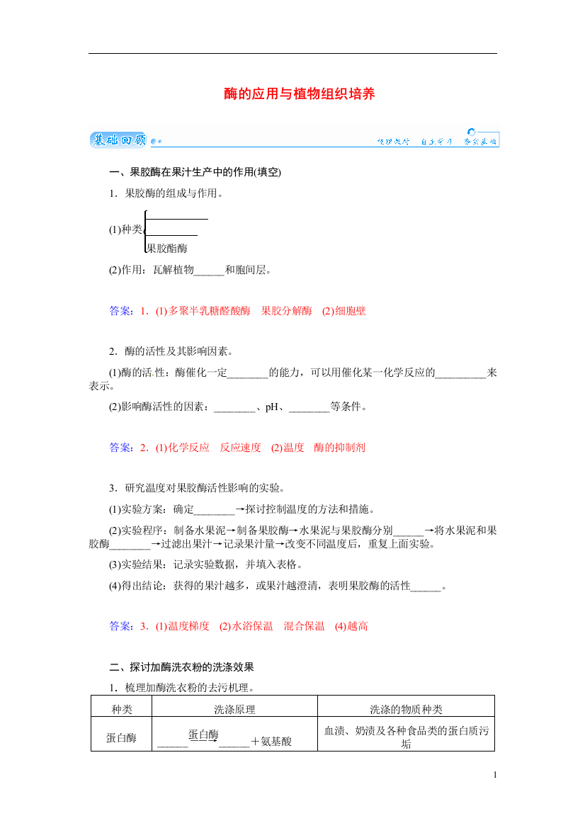 【金版学案】2021届高三生物第一轮细致复习典型题（基础回顾+网络构建+走进高考题组）酶的应用与植物组织培养试题（含解析）