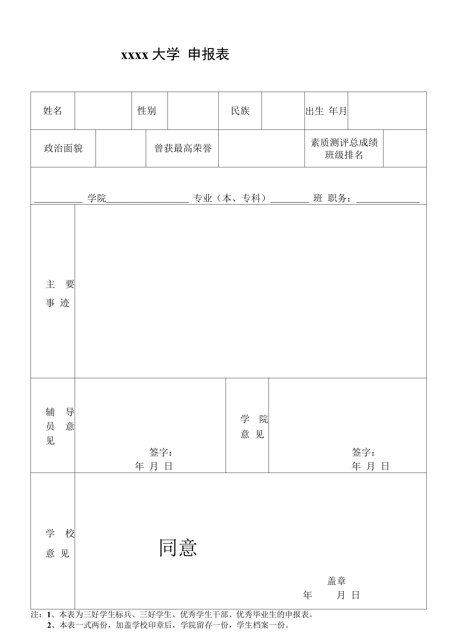 大学荣誉称号申报表模板.doc