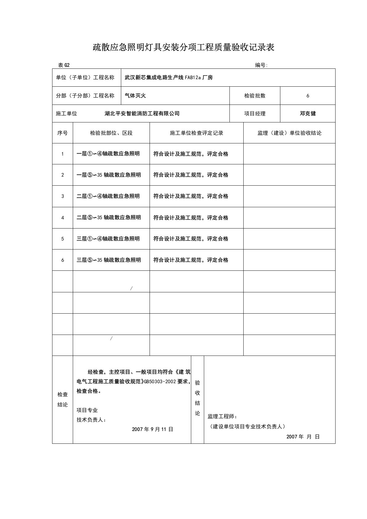 疏散应急照明分项工程质量验收记录表