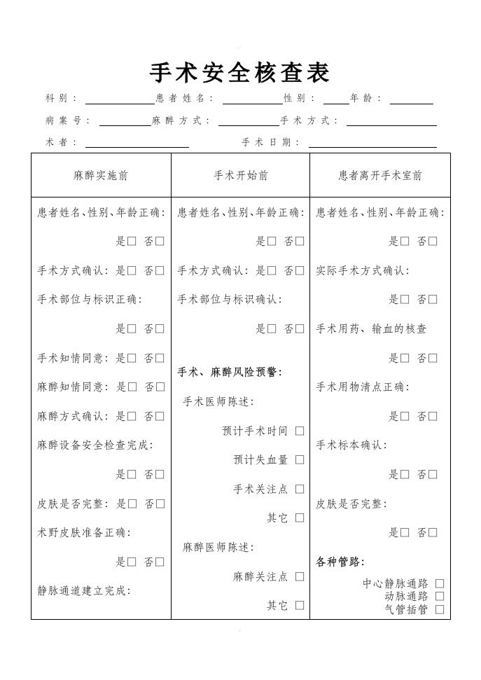 手术安全核查表-通用版