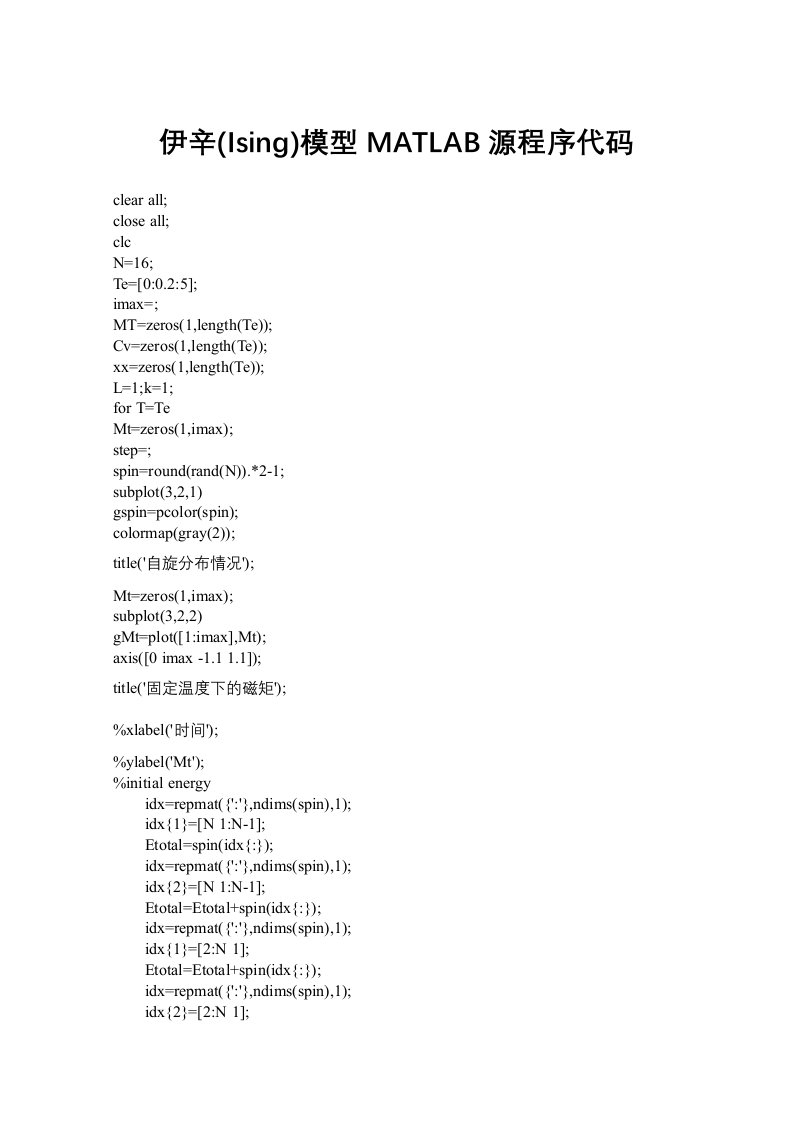 伊辛模型MATLAB源代码