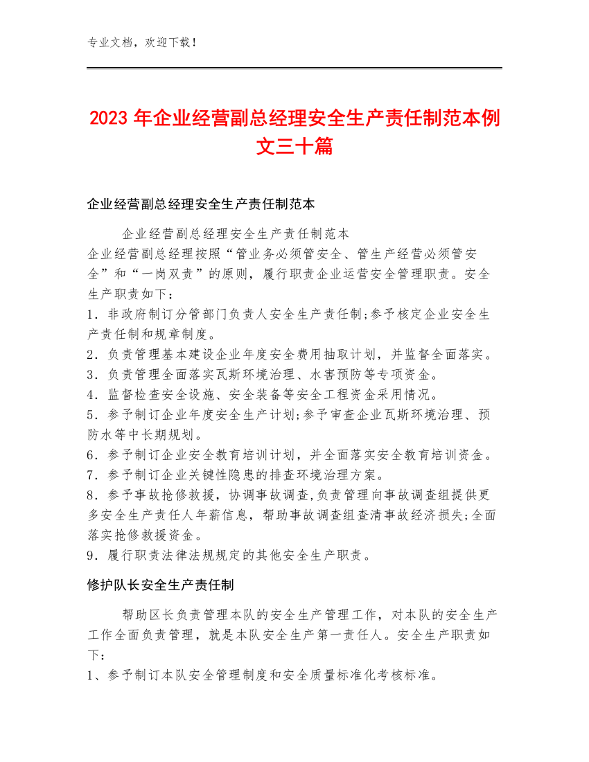 2023年企业经营副总经理安全生产责任制范本例文三十篇