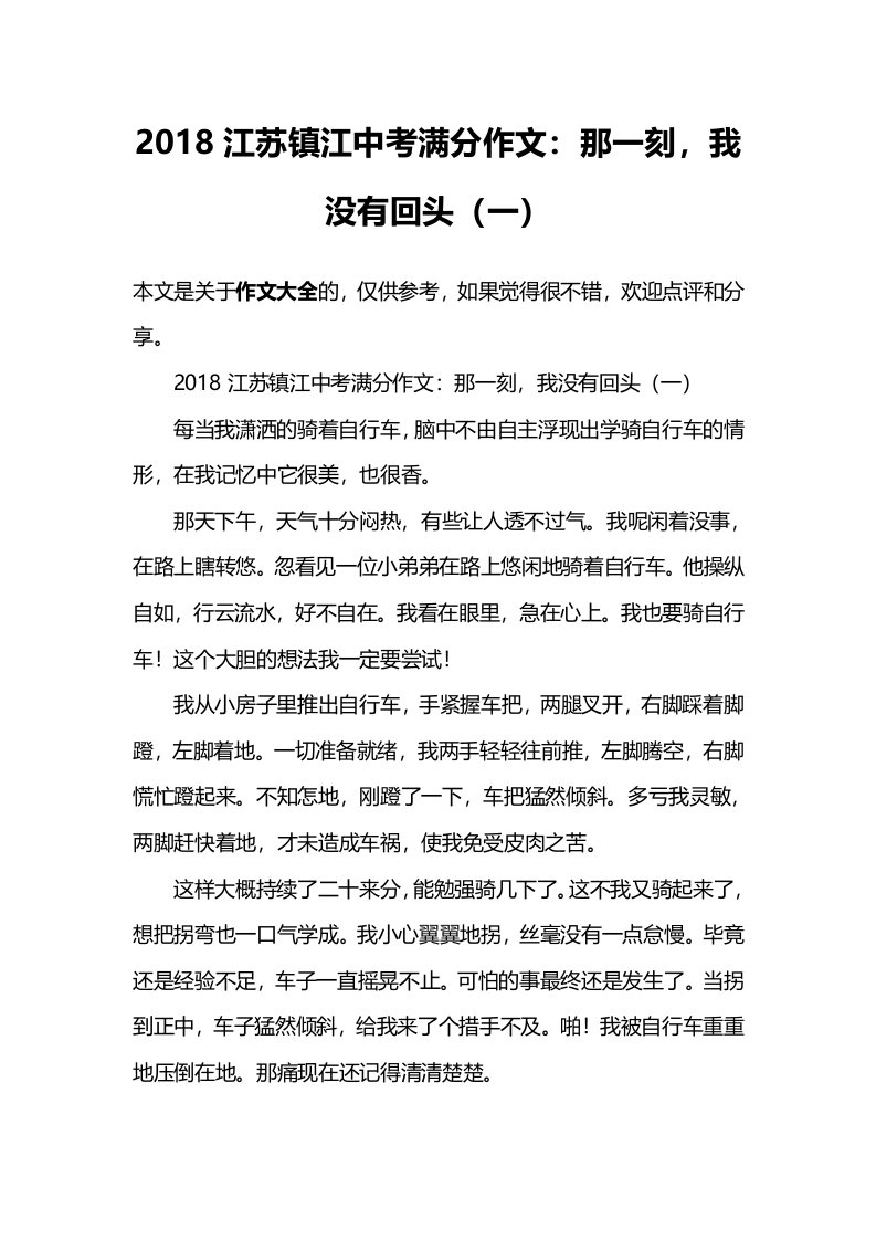 2018江苏镇江中考满分作文那一刻我没有回头一